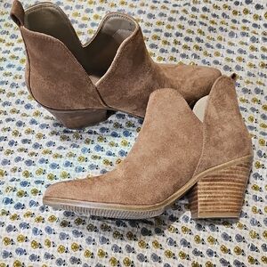 Corkys Tan Suede V-Cut Ankle Booties with Stacked Block Heel